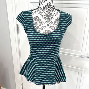 Anthropologie Postmark Blouse Cap Sleeve Peplum Green Knit Top Size XS